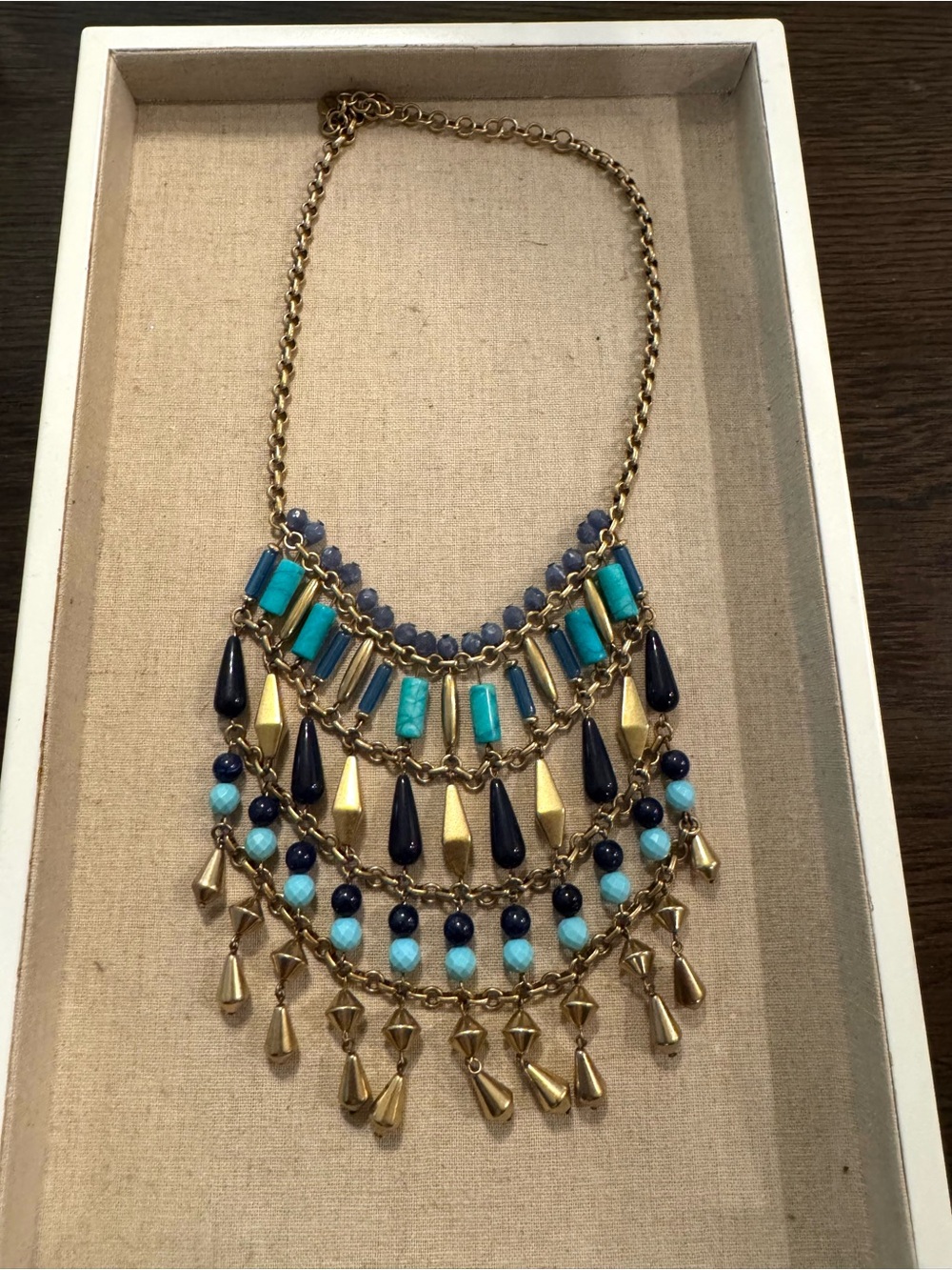 Stella & Dot Gold-Tone Bib Necklace with Turquoise, Navy Teal Beads Display - Picture 2 of 8